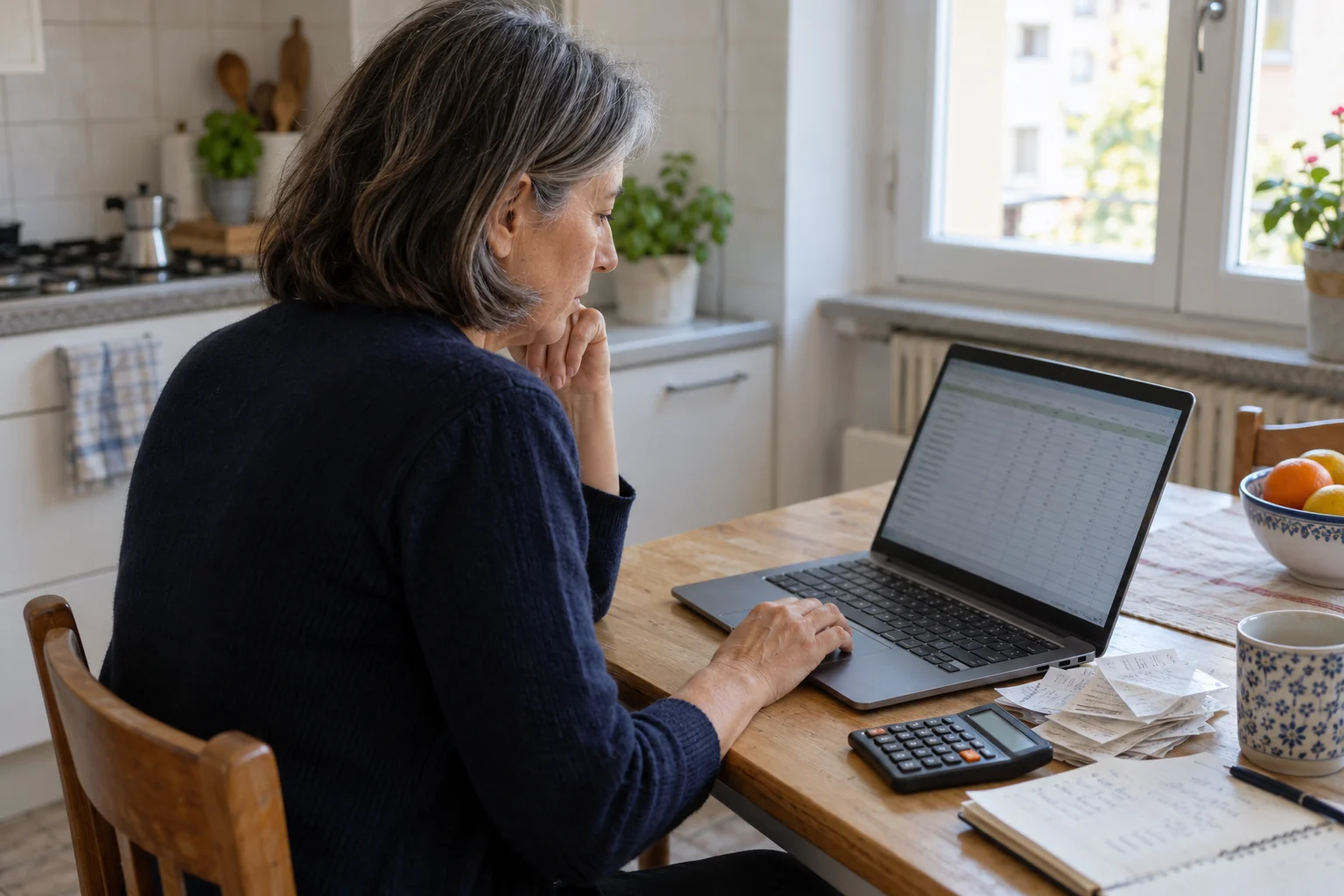Una donna controlla un foglio di calcolo al computer sul tavolo della cucina, con alcune ricevute accanto.