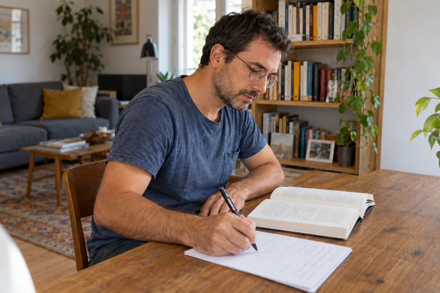 Un uomo consulta un libro aperto e annota il proprio piano su un foglio, a una piccola scrivania in soggiorno.