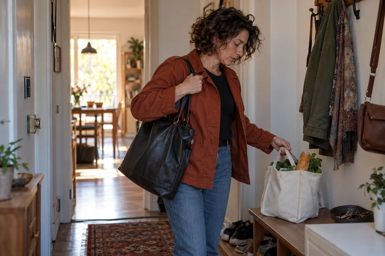Una donna rientra a casa con la borsa del lavoro e una borsa della spesa, tra gli impegni di ogni giorno.